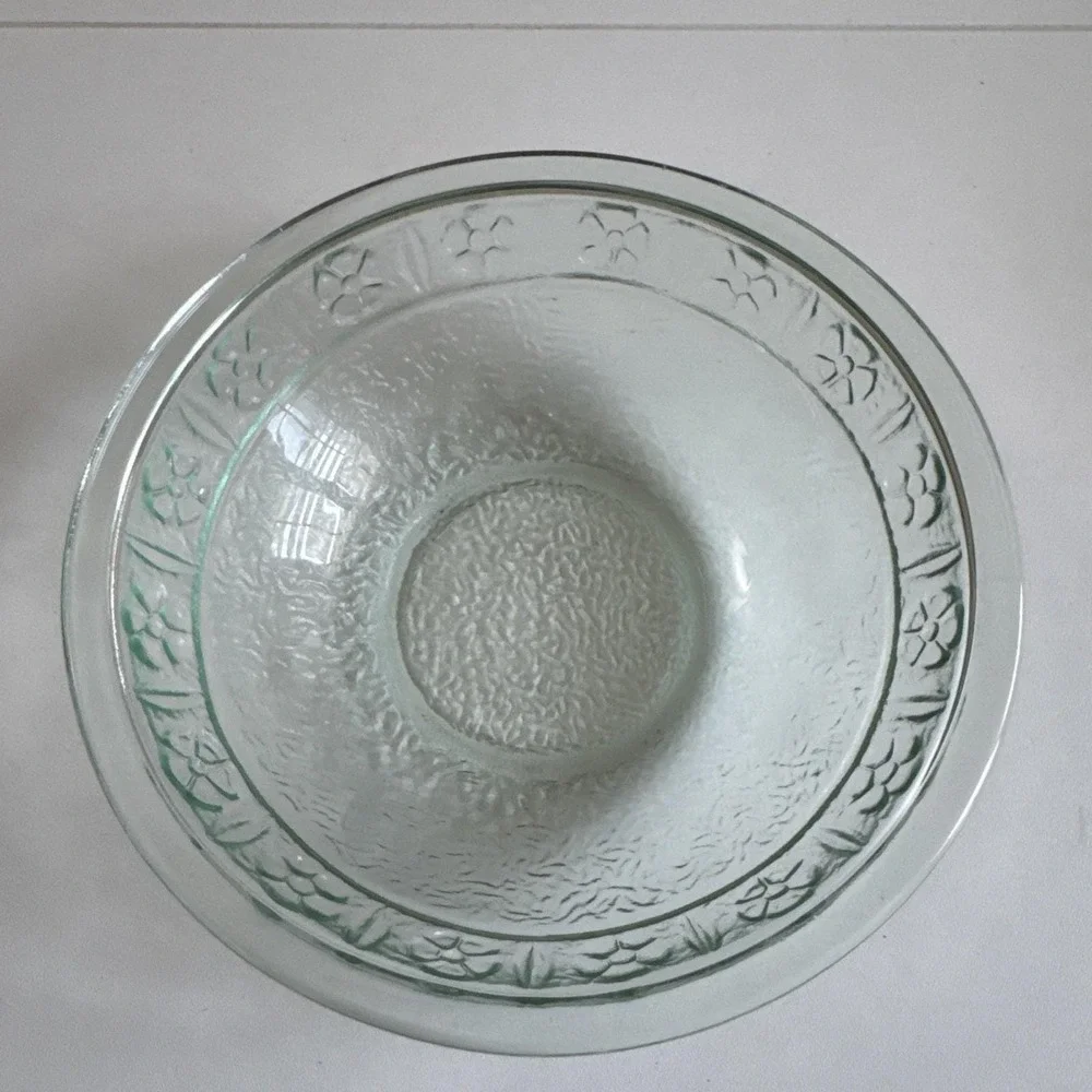 Glass Bulb Forcing Vase W/ Embossed Flower Motif  W/matching Bowl Uranium Glass